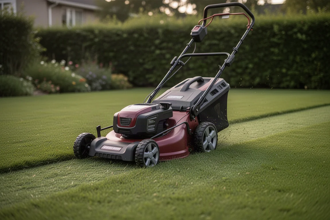 Cordless lawnmower cutting a neat stripe across a green lawn