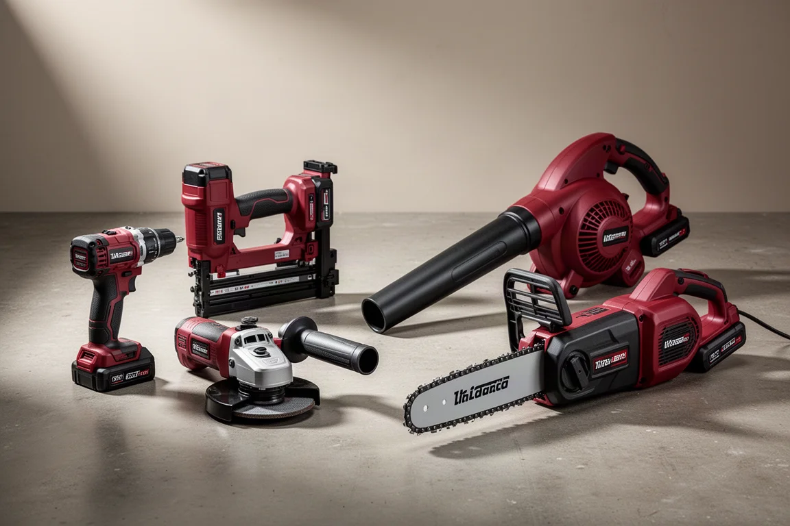 Assortment of cordless power tools in red and black on a concrete workshop floor