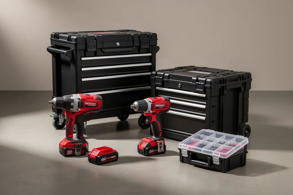 Red cordless power tools and black modular tool storage boxes on a workshop floor