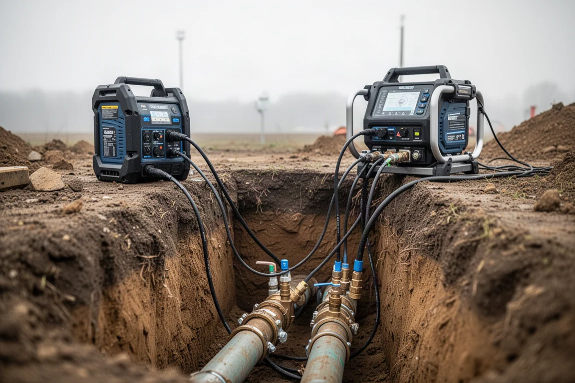 Équipe des réseaux de gaz travaillant dans une tranchée avec du matériel sans fil sur place