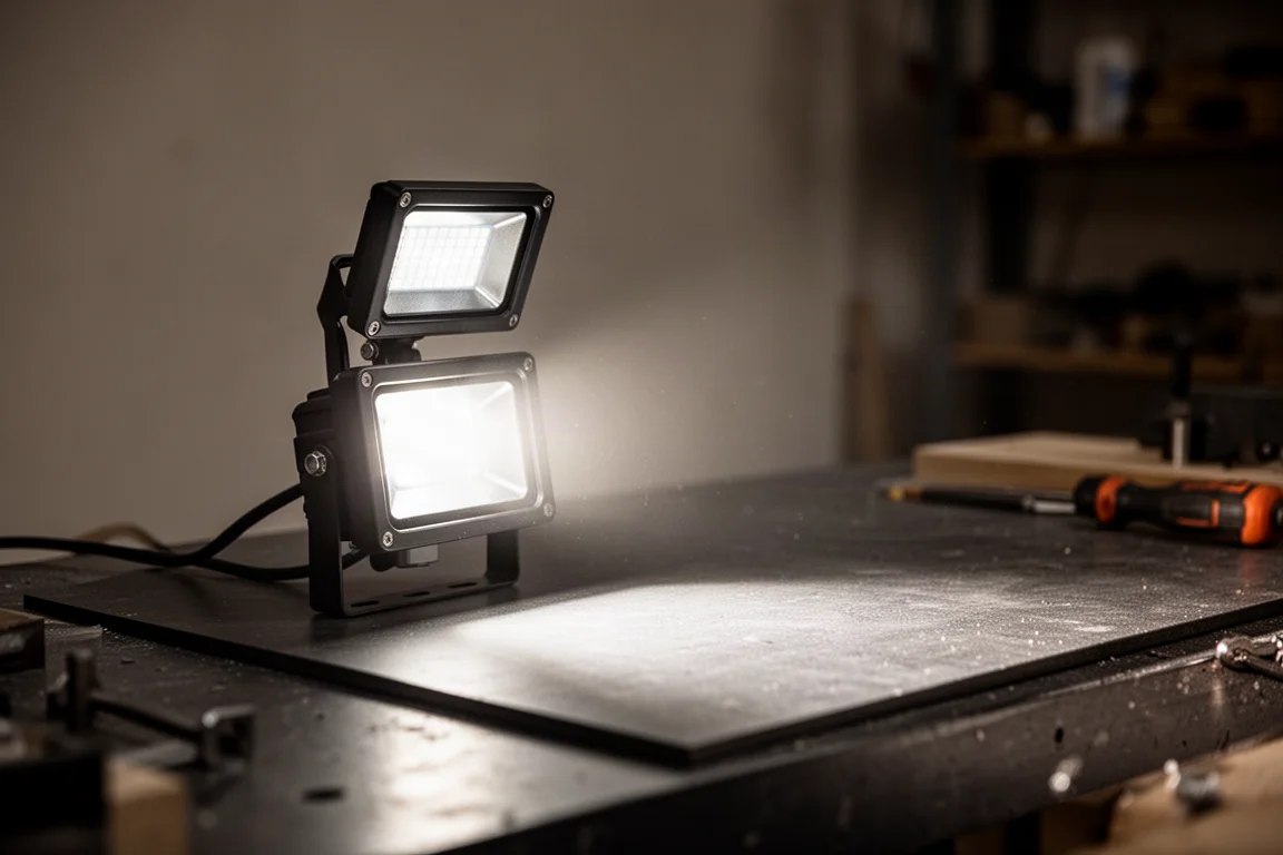 Projecteur LED diffusant une lumière vive sur un établi sombre