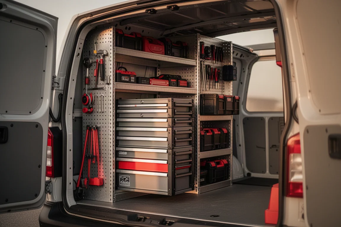 Tiroirs de rangement modulaires organisés dans une camionnette de service