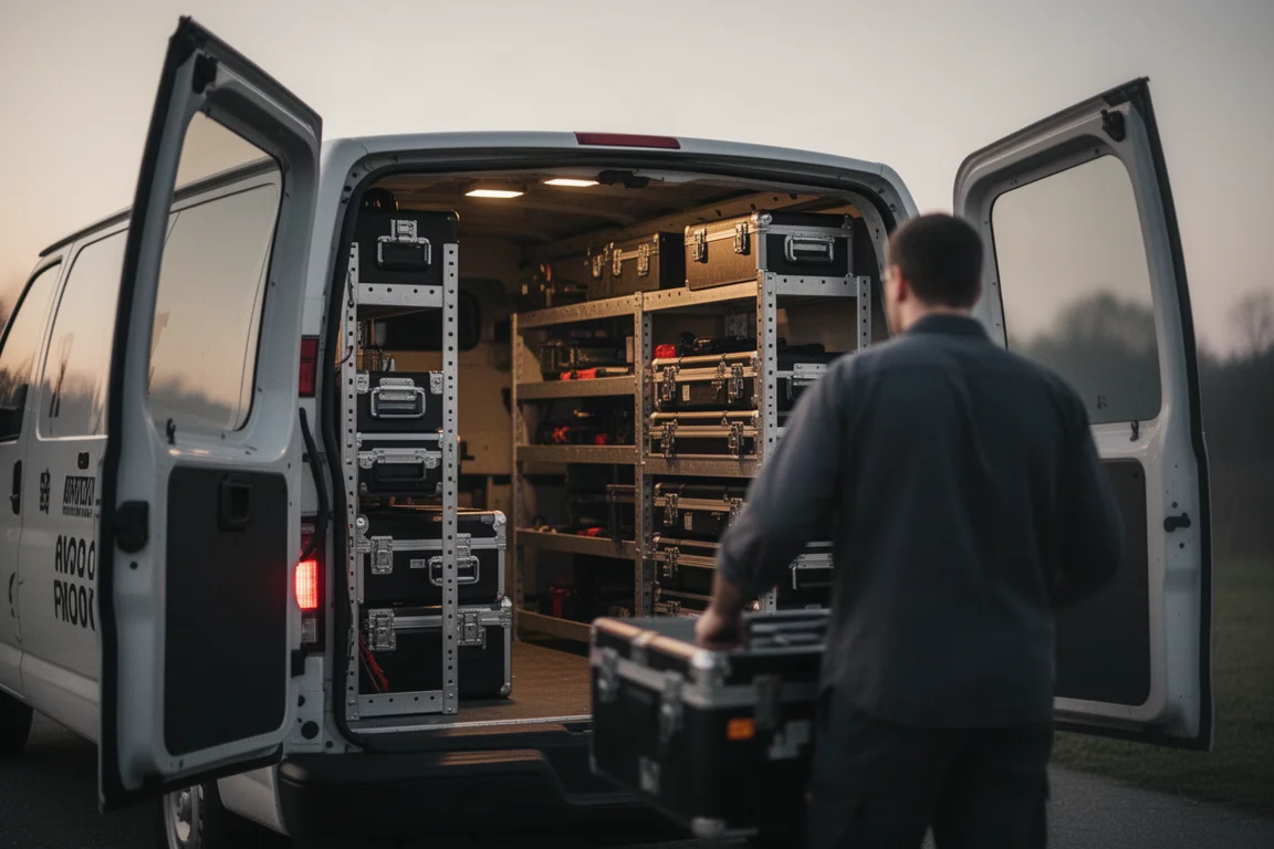 Ouvrageur sécurisant le rangement des outils avant de partir vers le prochain chantier