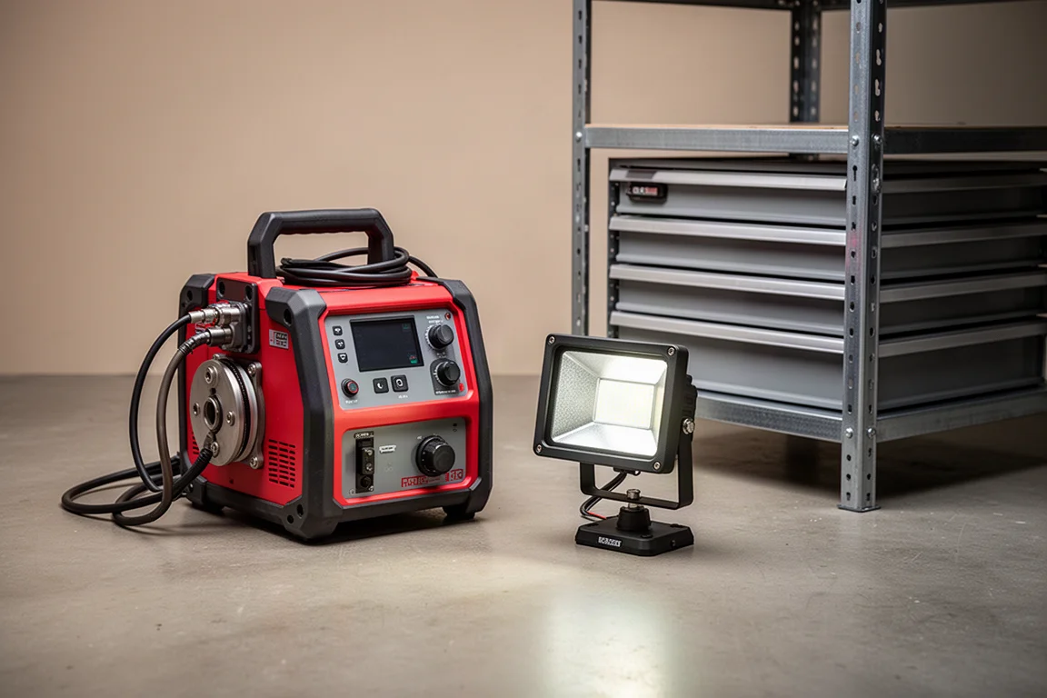 Electrofusion processor, LED flood light, and steel storage rack arranged on concrete