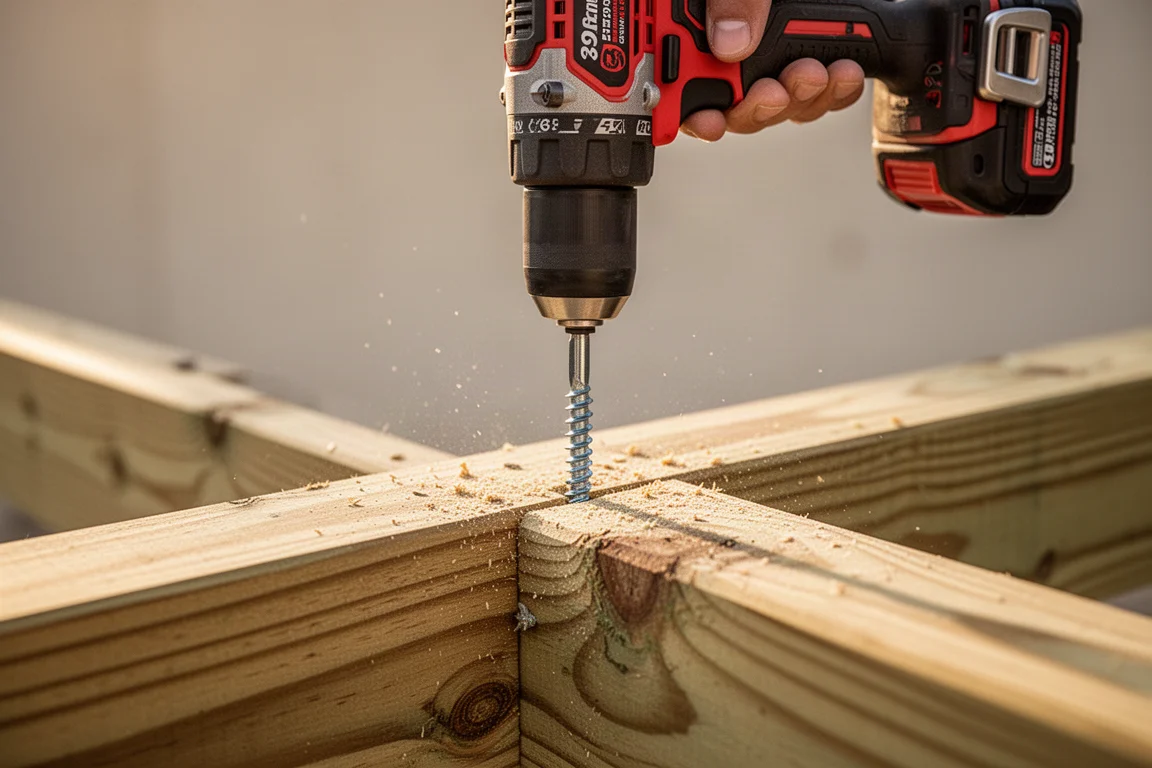 Contractor driving deck screws with a cordless impact driver on a partially built deck
