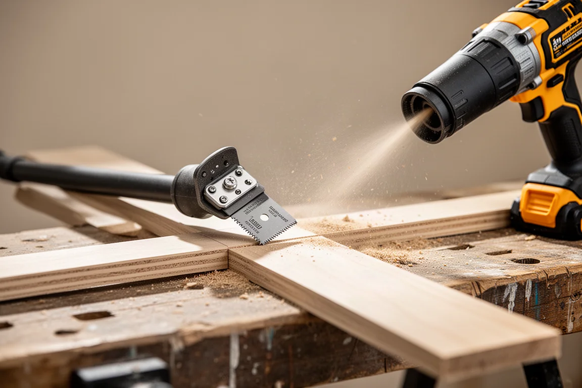 Oscillating multi-tool trimming a board with a dust extractor blowing sawdust away