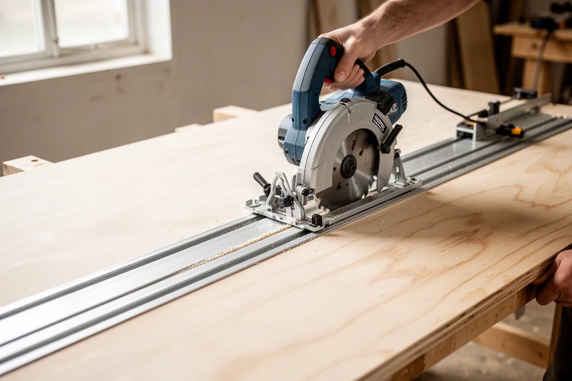 Track saw gliding along a guide rail cutting a long sheet of plywood