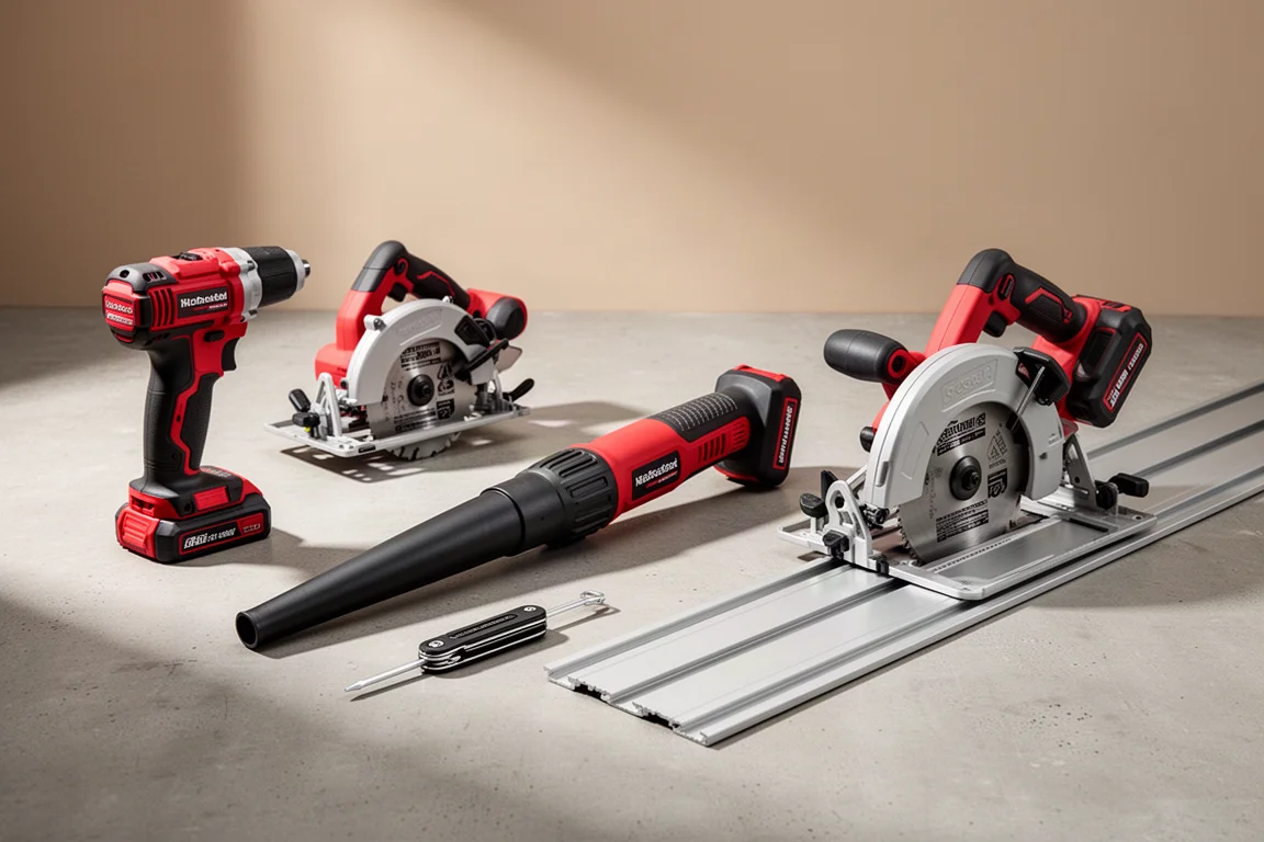 Six cordless power tools arranged on a concrete surface including an impact driver, circular saw, multi-tool, blower, screwdriver, and track saw