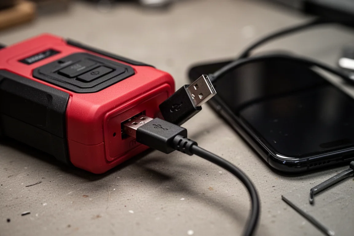 Primer plano de una conexión de cable USB floja que no logra cargar un teléfono