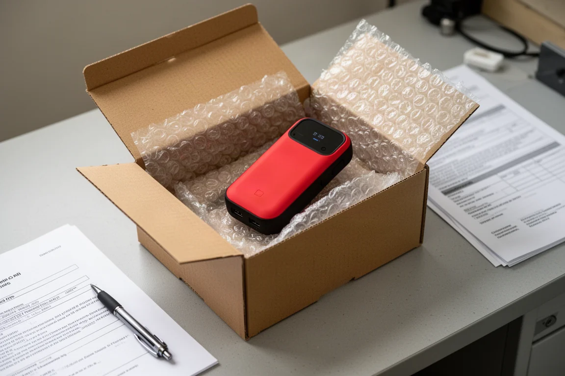 Manos empacando una herramienta en una caja de envío para una devolución en garantía