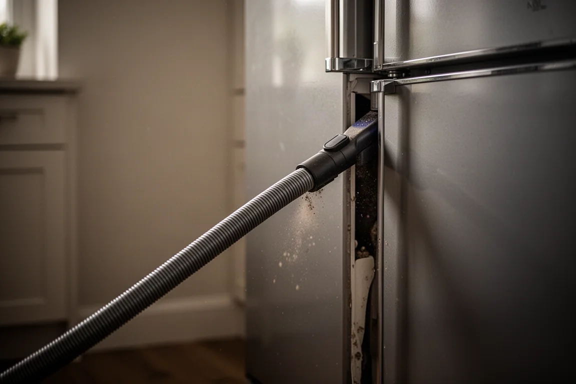 Tubo flexible largo alcanzando un hueco entre un refrigerador y una pared
