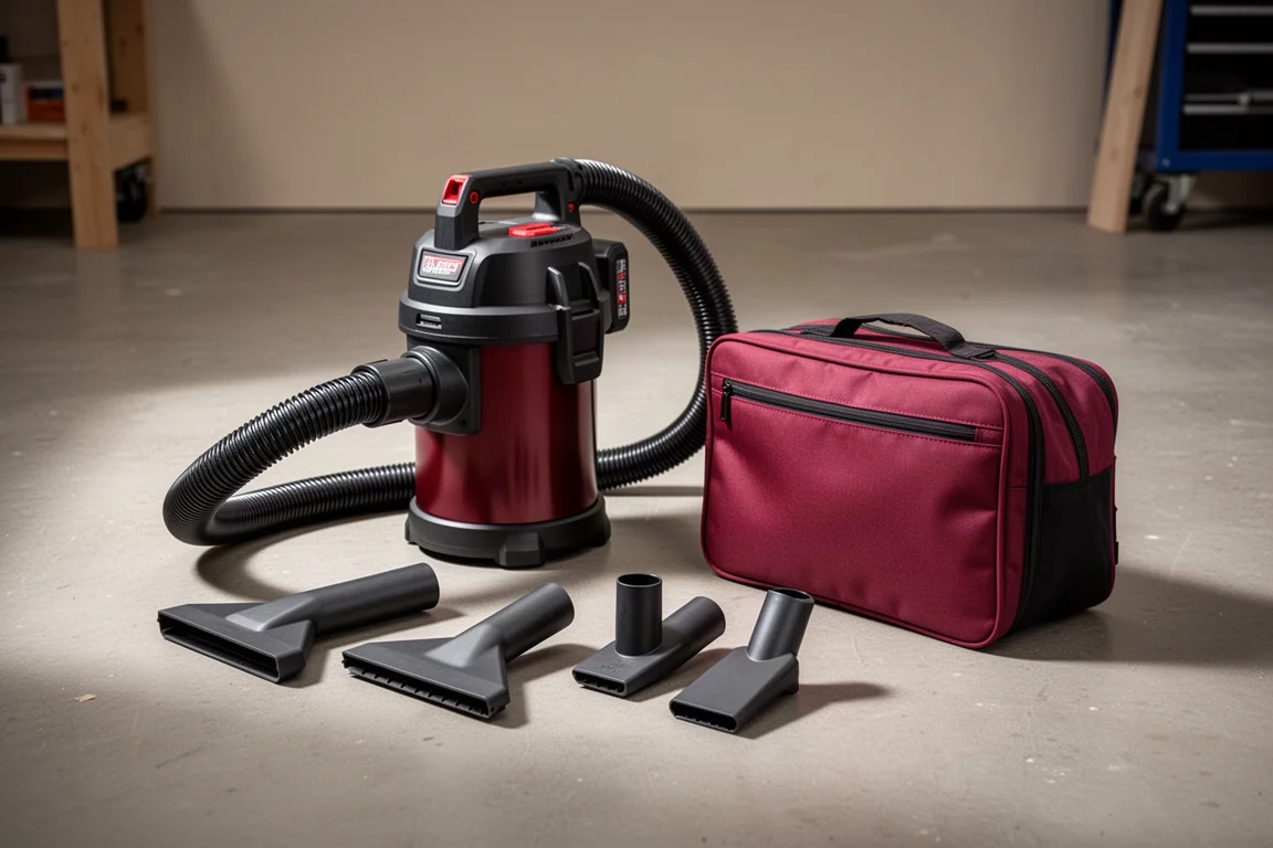 Aspirapolvere da cantiere compatto a batteria con ugelli accessori e custodia imbottita sul pavimento di un'officina