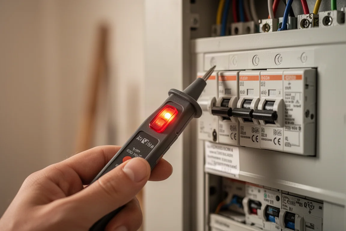 Bolígrafo detector de voltaje iluminándose junto a un cuadro eléctrico en un taller