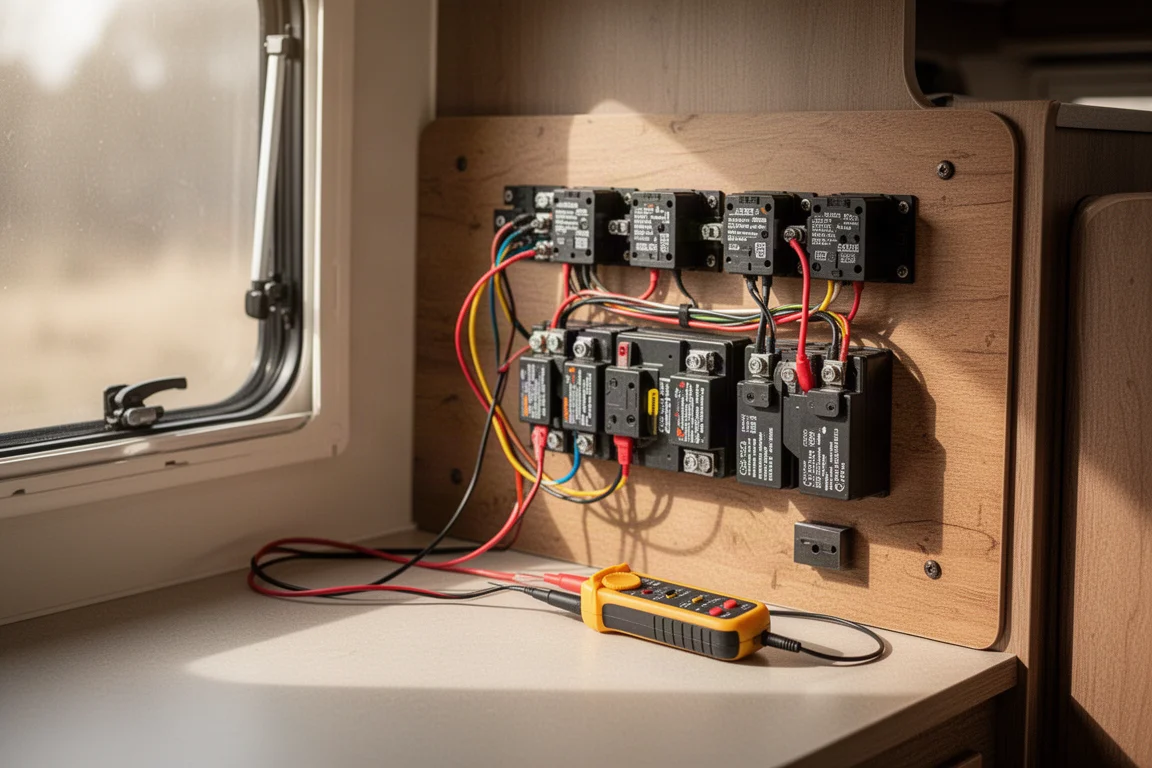 Interior de una autocaravana con cableado de batería de bajo voltaje siendo probado