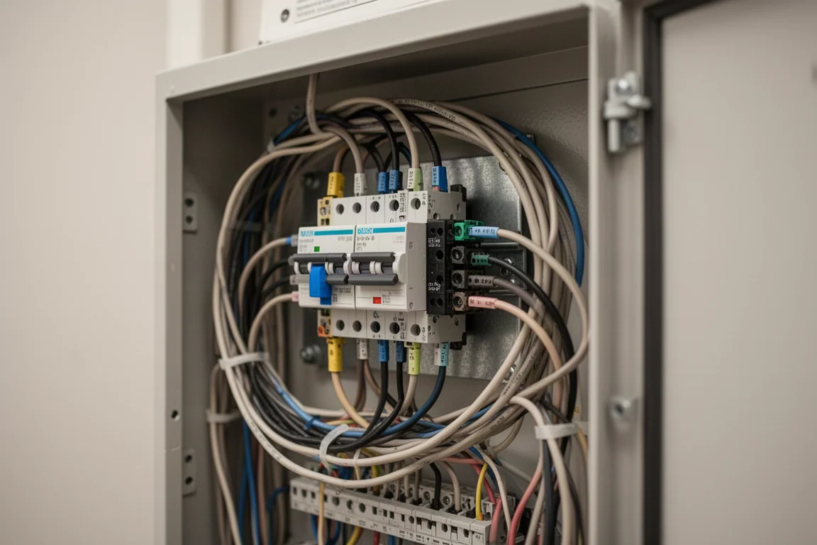 Caja de empalmes eléctrica concurrida con cables agrupados en un espacio reducido