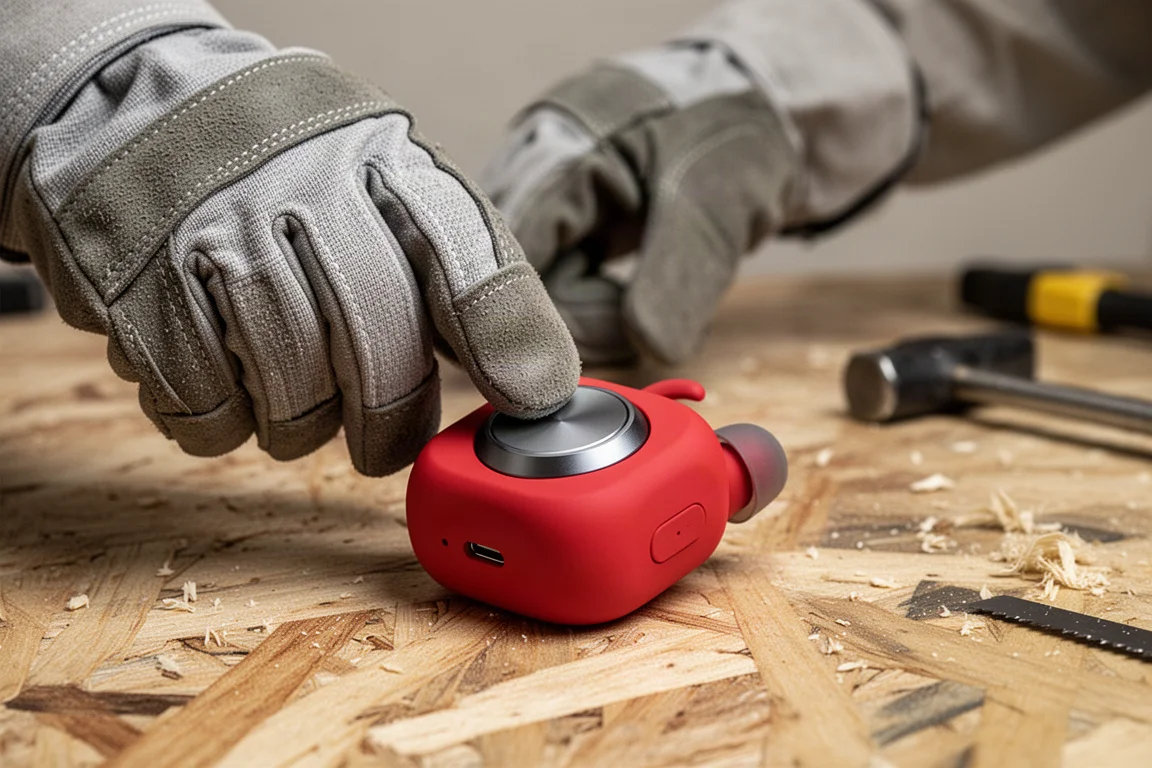 Behandschuhte Hand drückt einen großen Knopf an einem robusten Arbeits-Ohrhörer