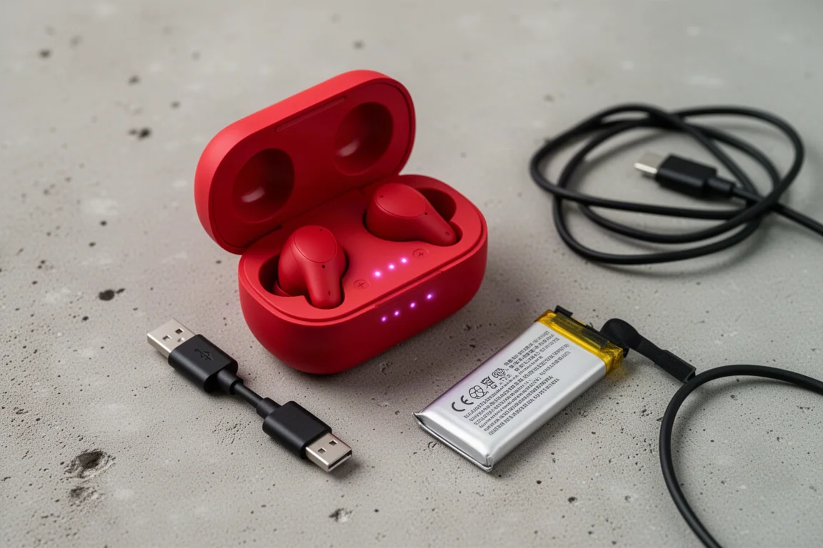 Ohrhörer laden in einem offenen Etui, daneben ein rotes Lithium-Akkupack
