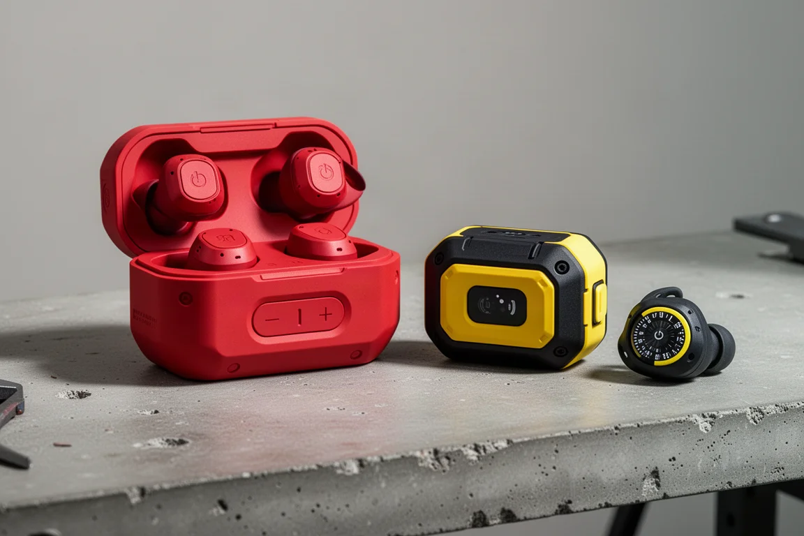 Custodie degli auricolari da cantiere Milwaukee e DeWalt affiancate su una panca di lavoro in cemento