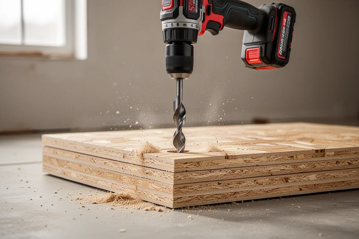 Klopboormachine boort met een platboor door OSB in een werkplaats