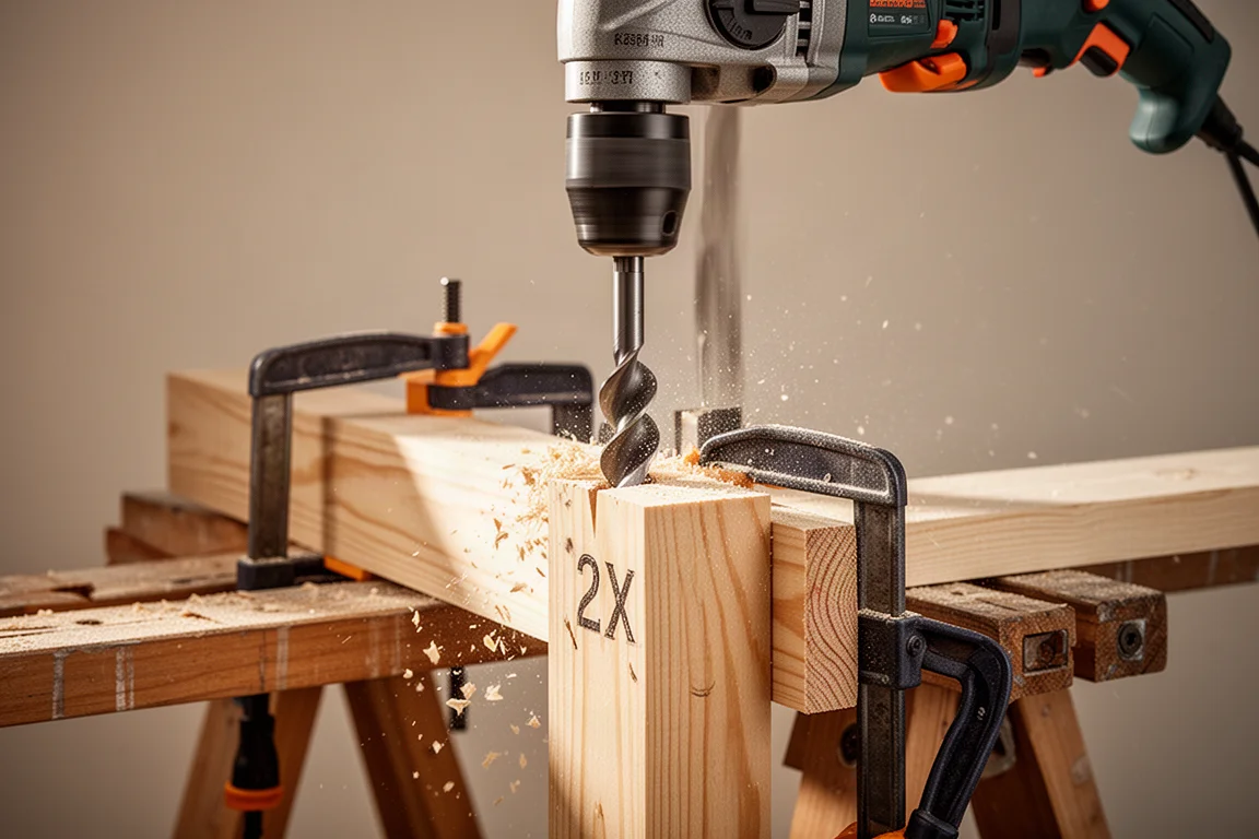 Klopboormachine met grote zelfvoedende boor zaagt door een 2x4 stijl