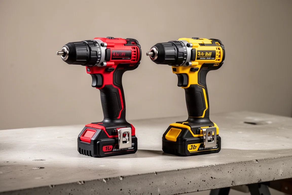 Two cordless hammer drills, one red and one yellow, standing on a concrete workbench