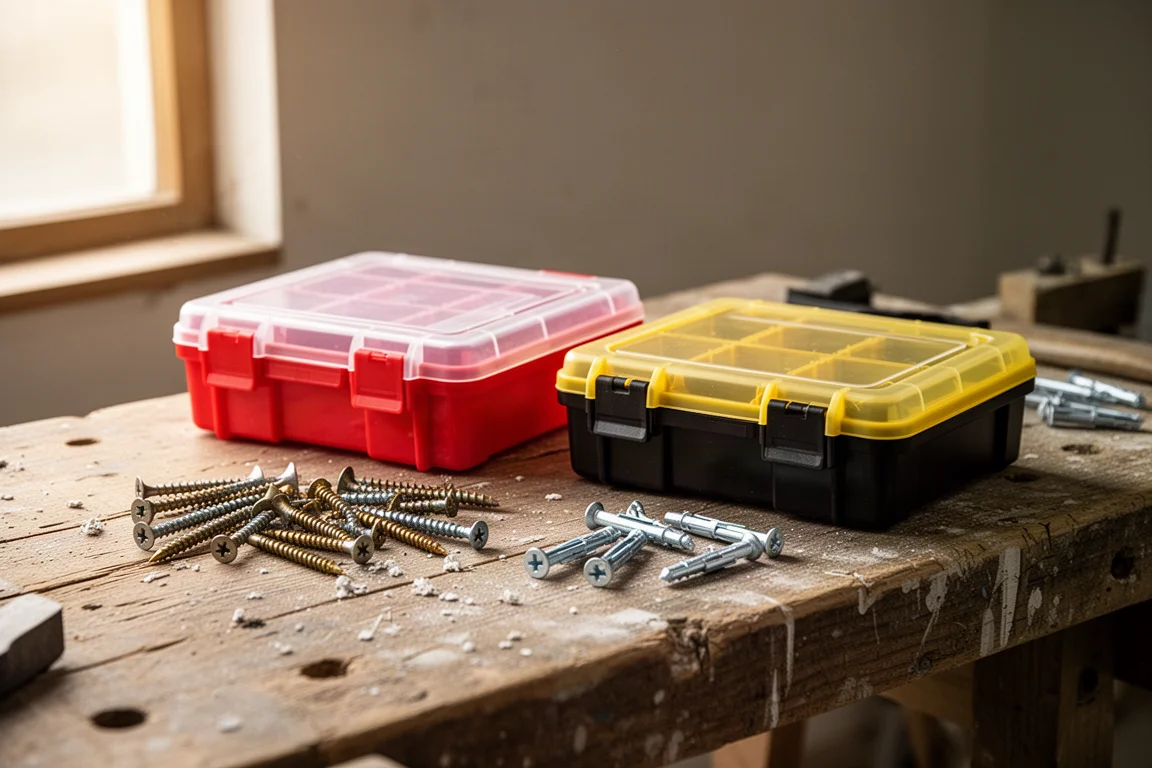 Due valigette organizer posate su una panca da officina con viti sparse nelle vicinanze