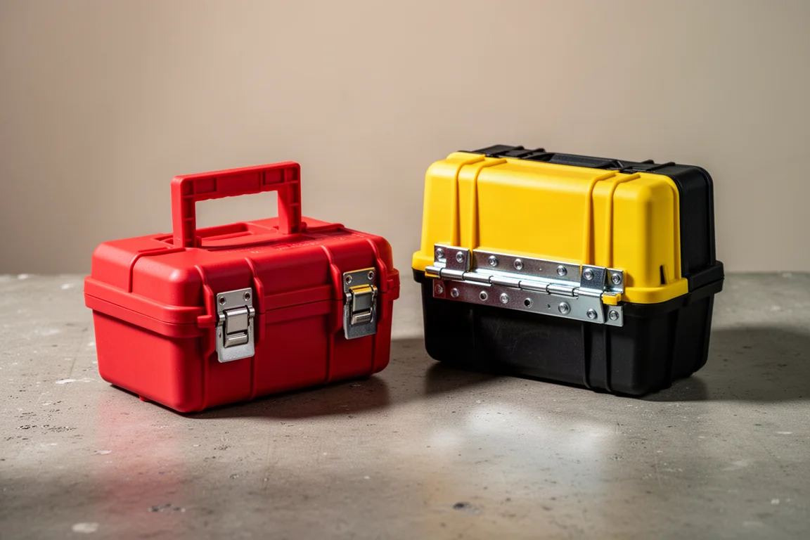 Milwaukee and DeWalt small parts organizer cases side by side on concrete