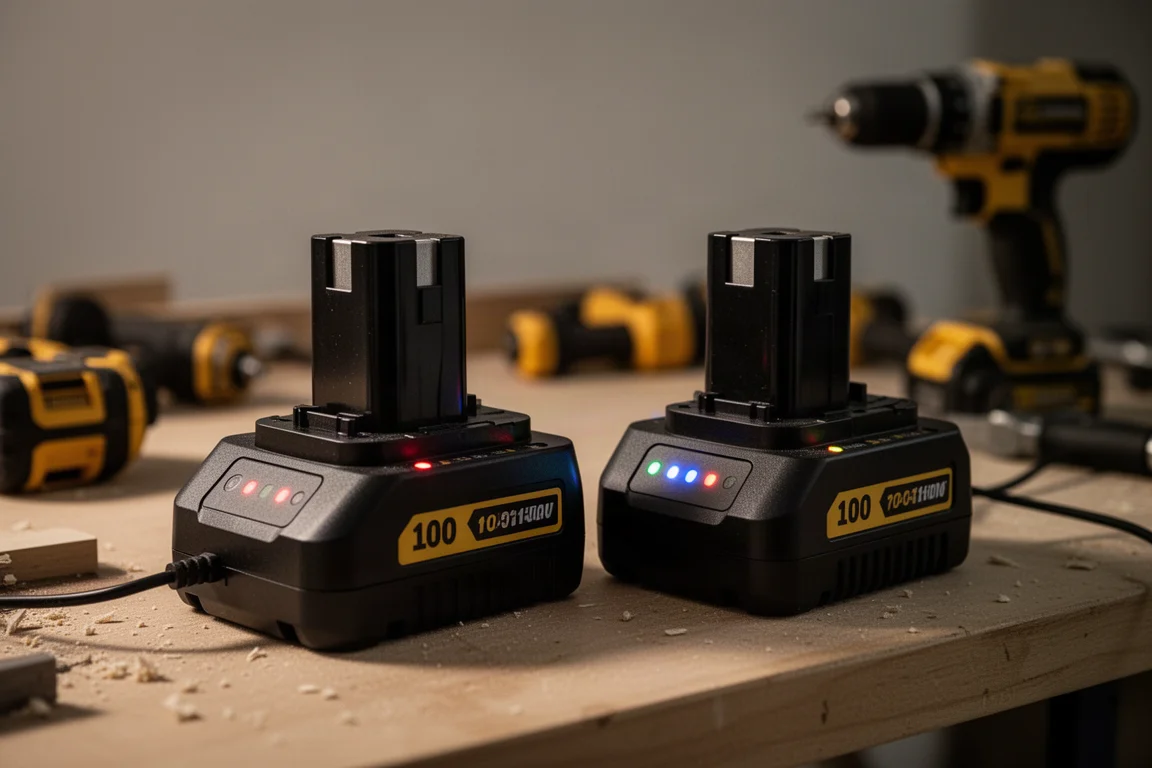 Batteries posées sur des chargeurs dans un atelier en fin de poste