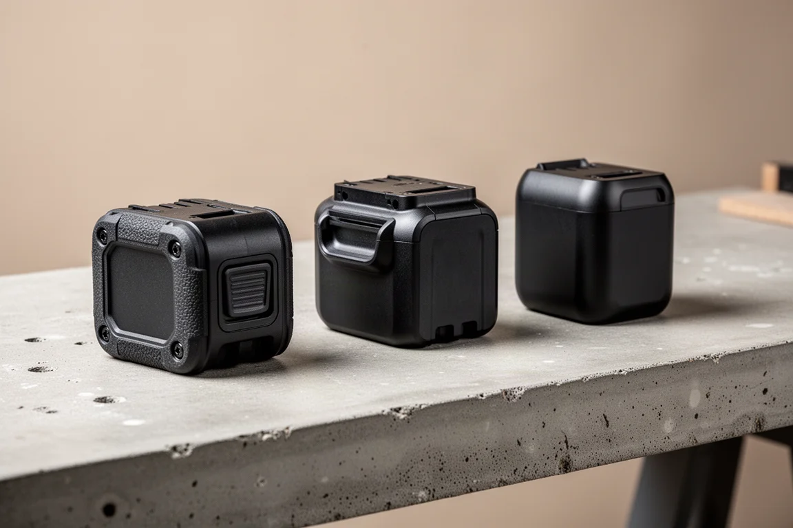 Three cordless tool battery packs lined up on a concrete workbench