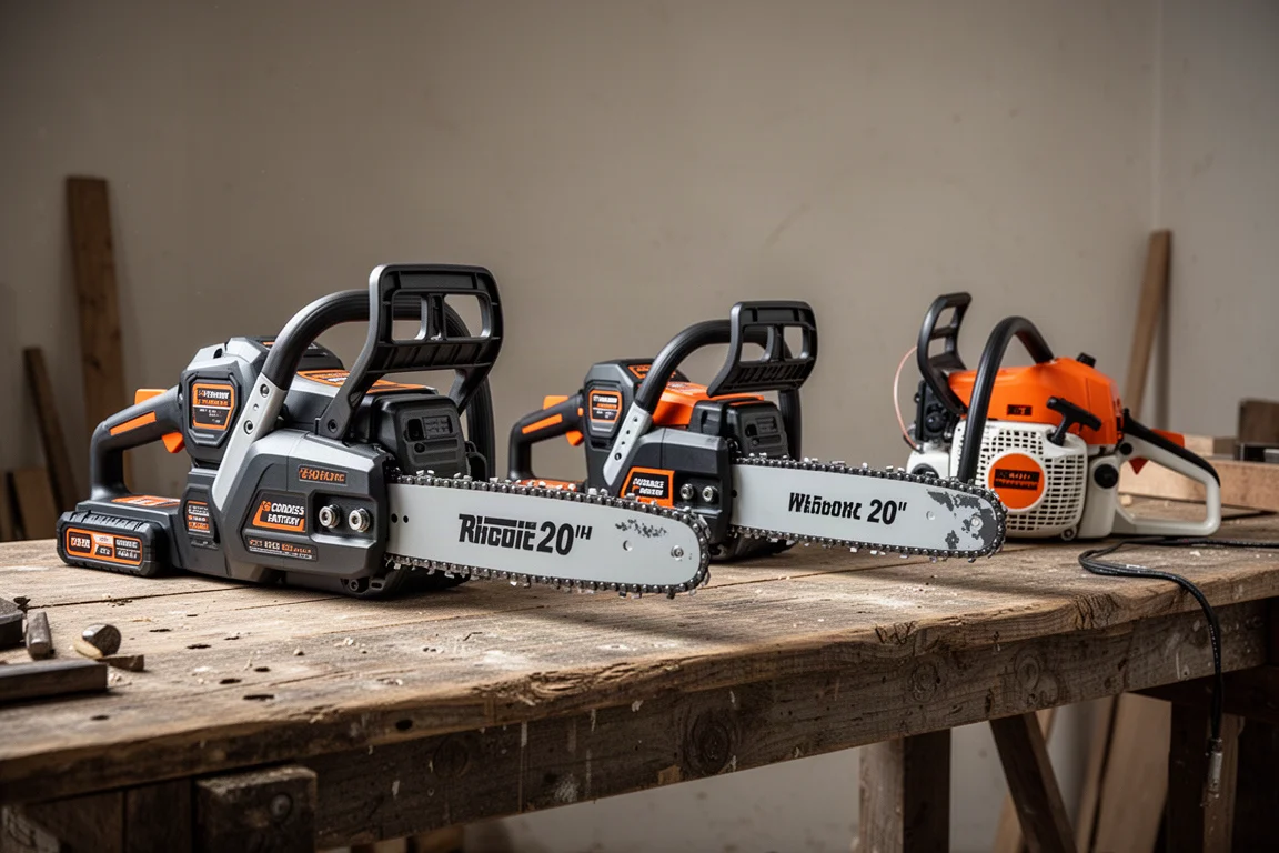 Three chainsaws lined up on a wooden workbench in soft workshop light