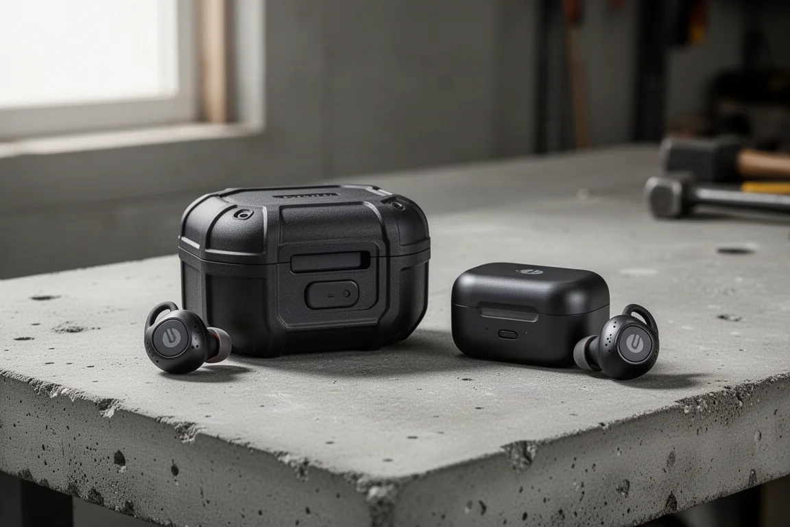 Two sets of jobsite earbuds with charging cases on a concrete surface