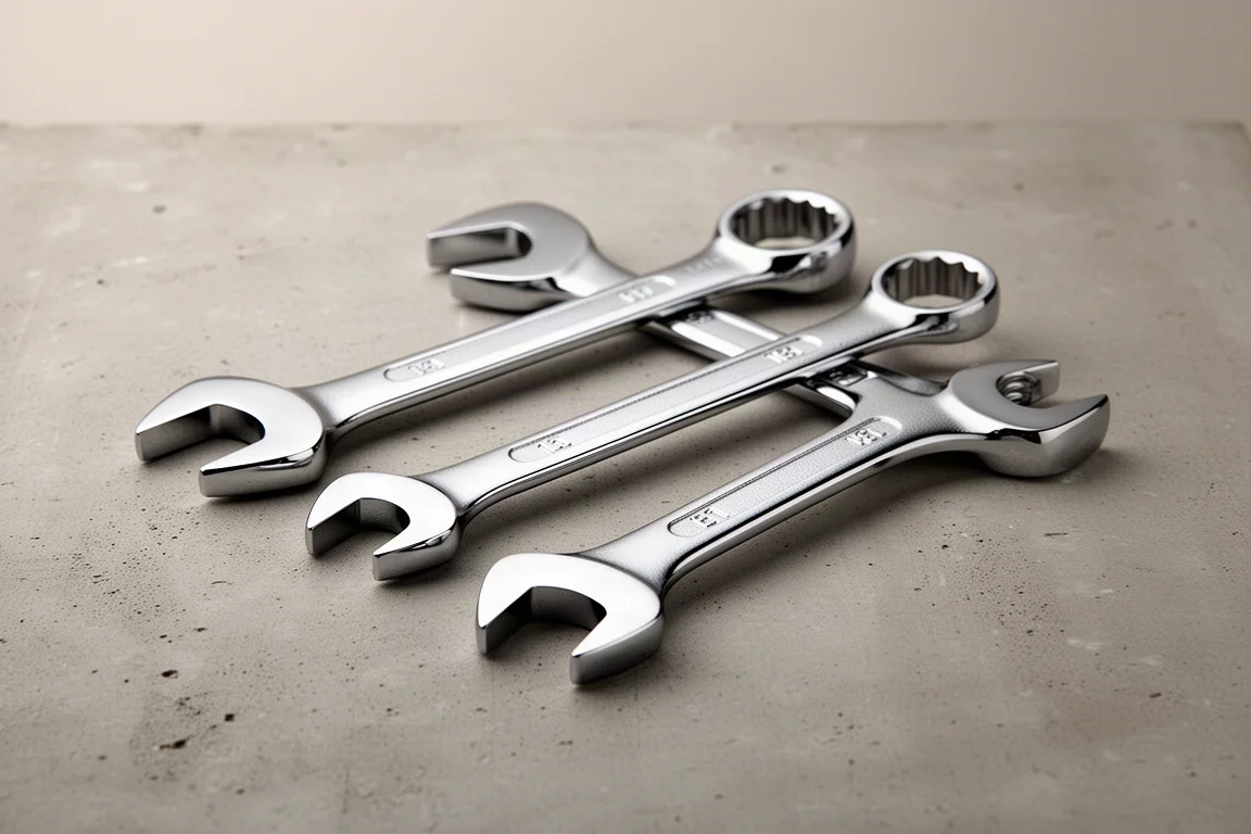 Three chrome combination wrenches arranged on a matte concrete surface