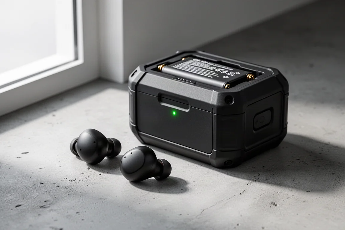 Auricolari wireless Milwaukee accanto alla loro robusta custodia di ricarica su cemento