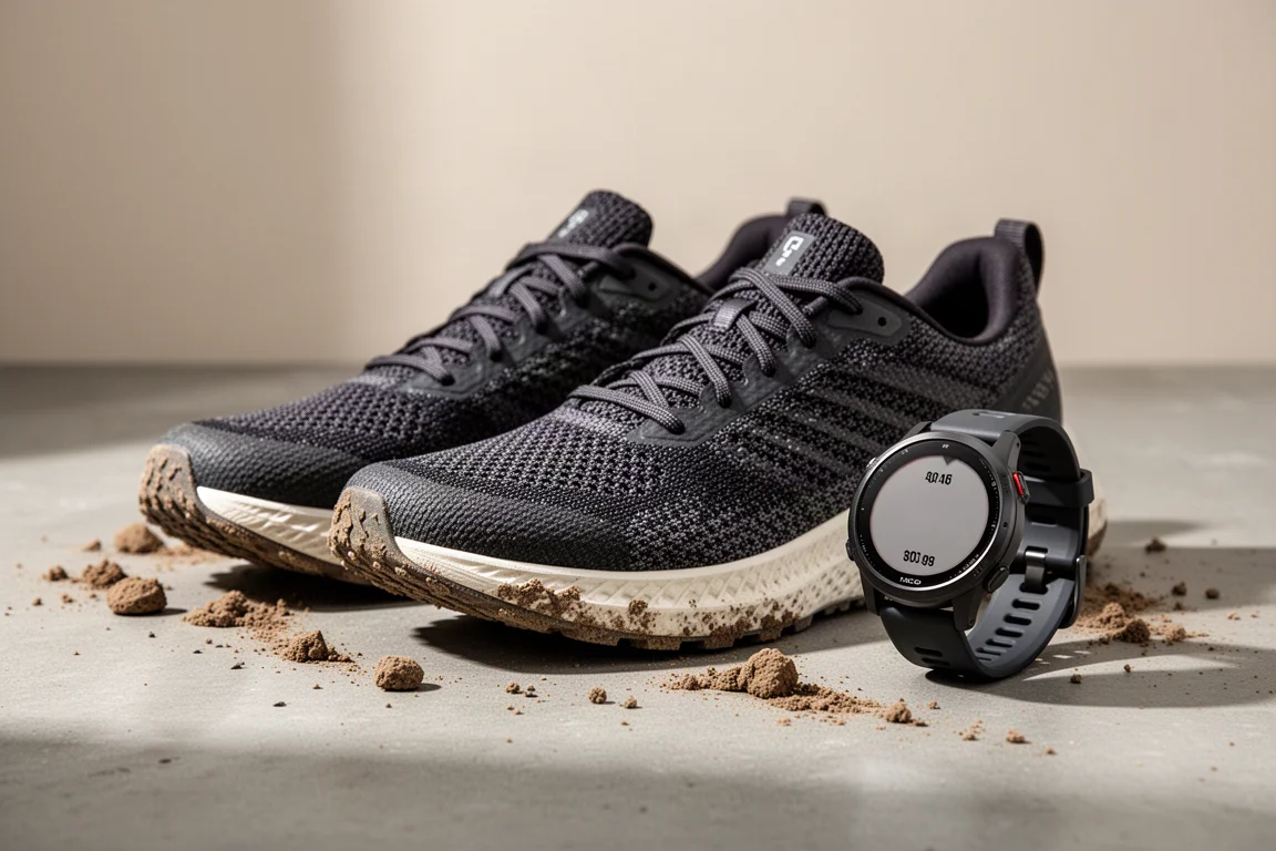 Hybrid trail running shoes and a GPS sports watch on a concrete surface