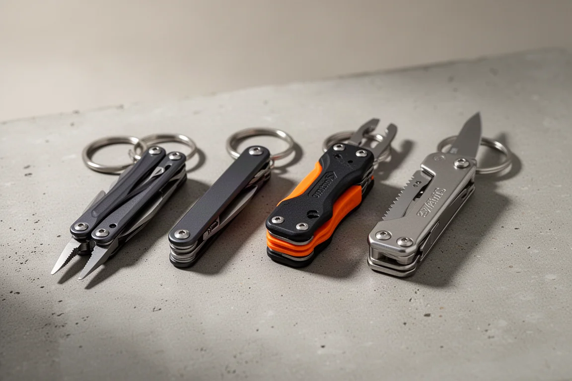 Quattro multi-tool compatti con pinze allineati su una superficie di cemento opaco