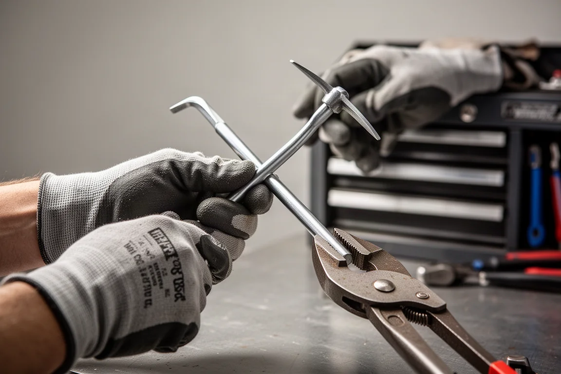 Mani che torcono l'asta di un pick bloccato in una pinza per testarne la rigidità
