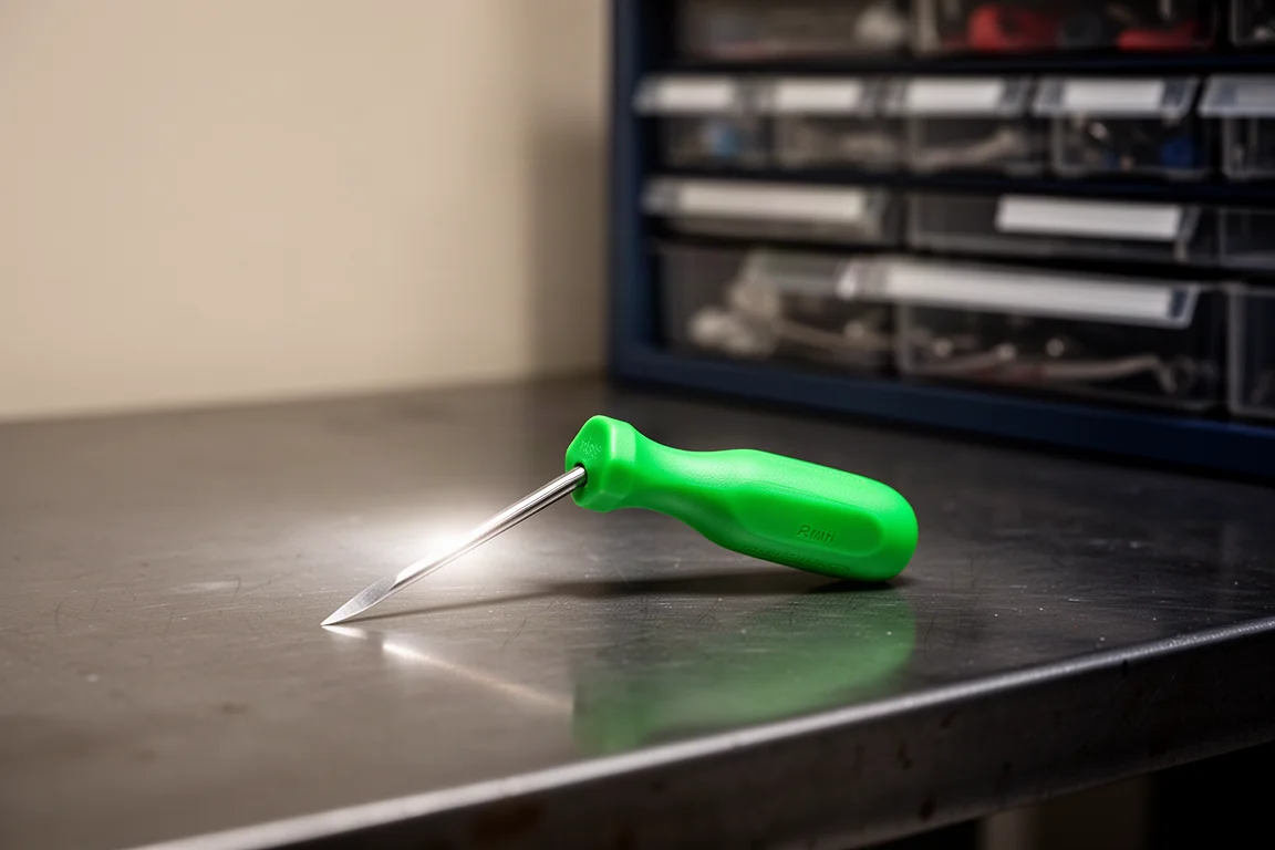 Manico di pick verde brillante appoggiato su un banco da lavoro scuro