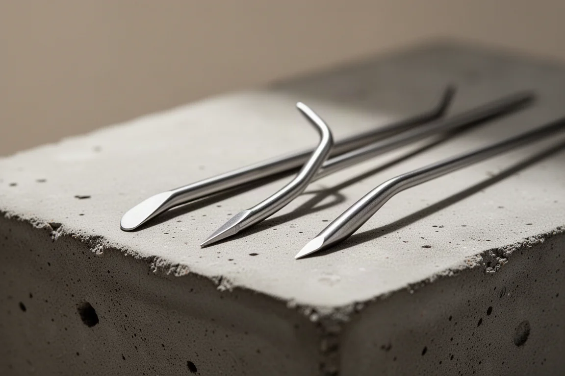 Three mini picks laid side by side showing tips of different shapes and tapers