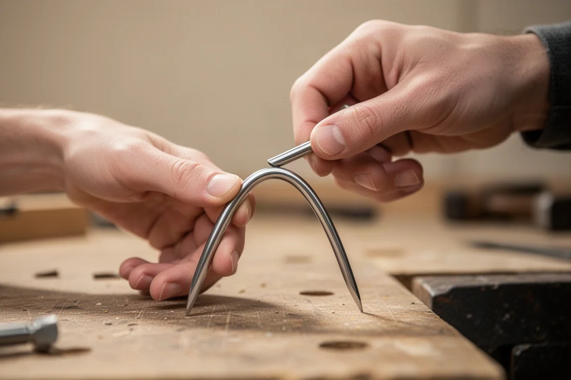 Hands flexing a slim pick shaft to demonstrate how much it bends