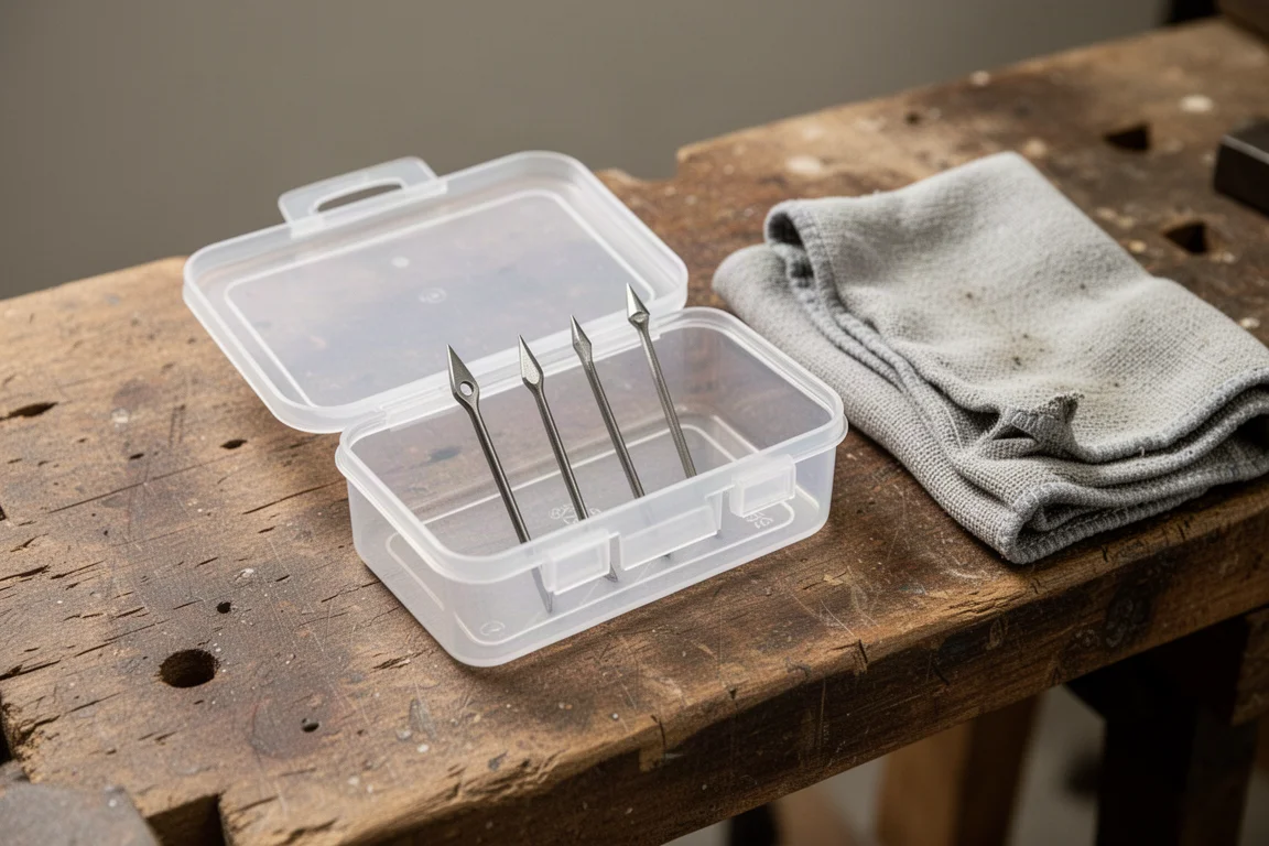Four picks stored tip-up in a small plastic container on a workbench