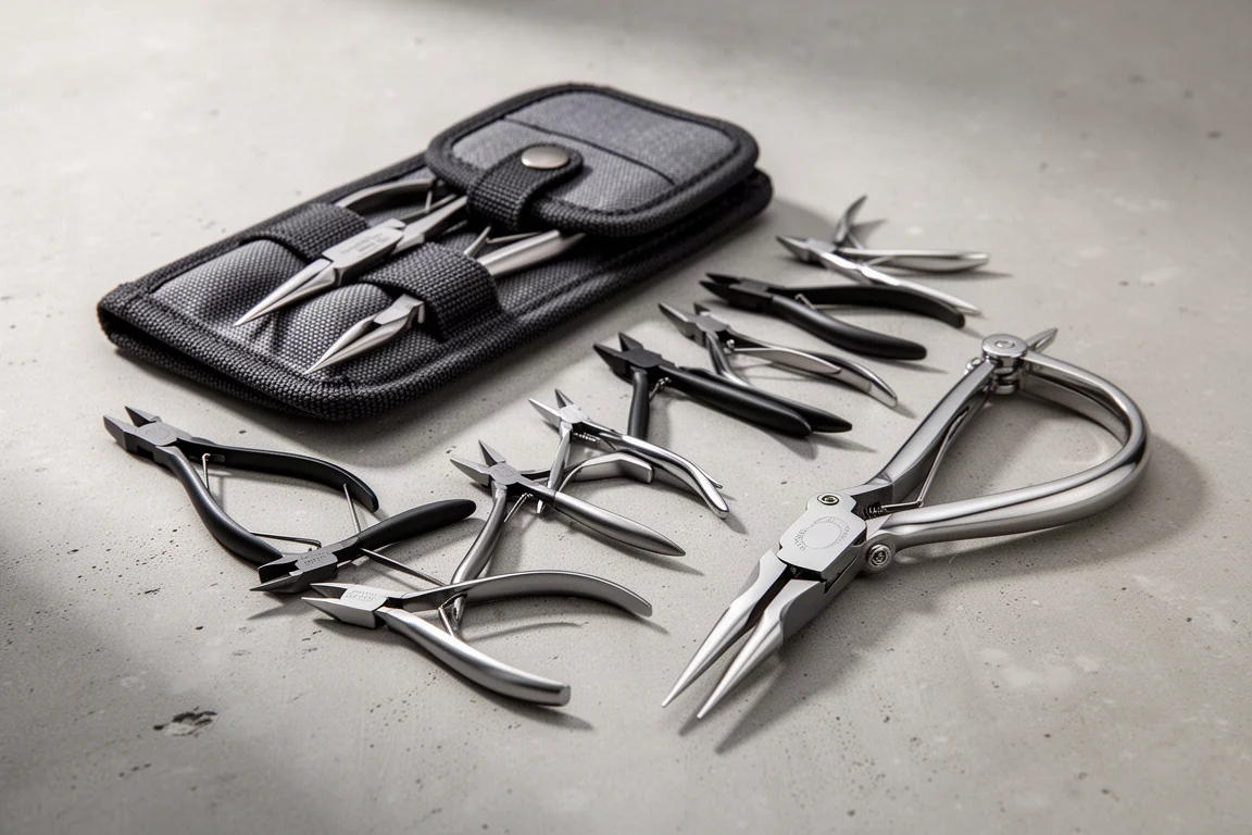 Assortment of mini pliers with black oxide and chrome finishes and a belt pouch on concrete