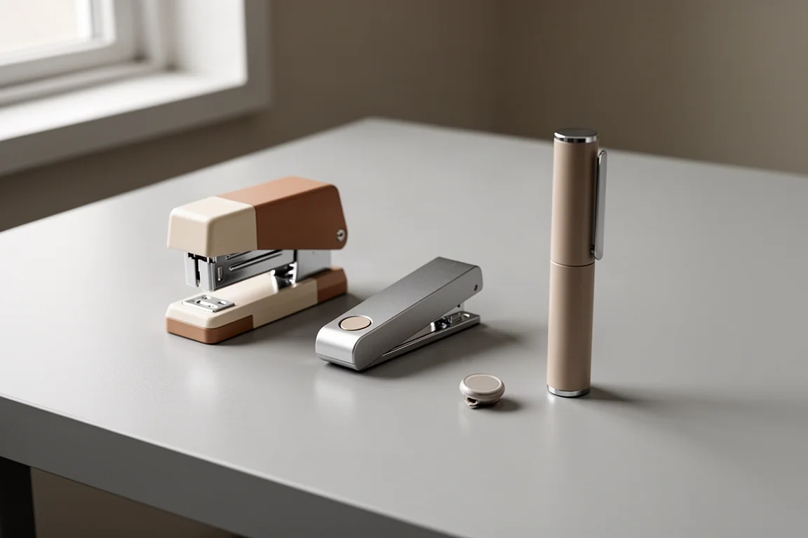Three mini staplers in different shapes lined up on a grey desk