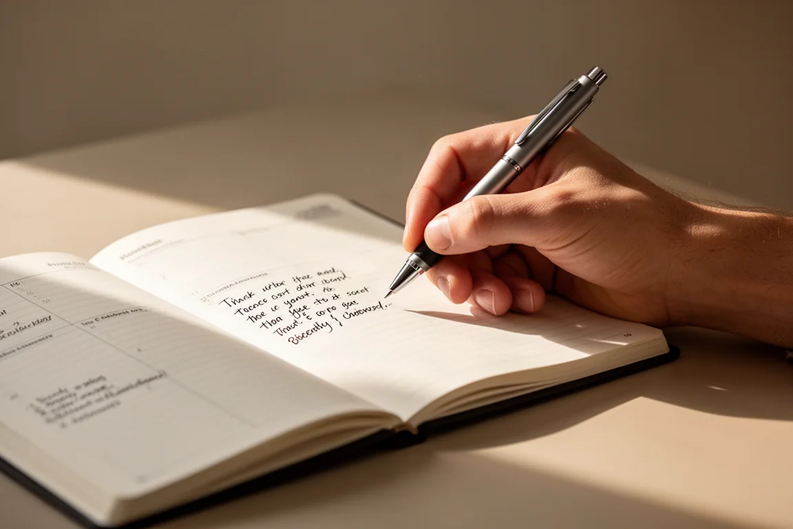 Hand schrijft met een kleine pen in een planner op een bureau