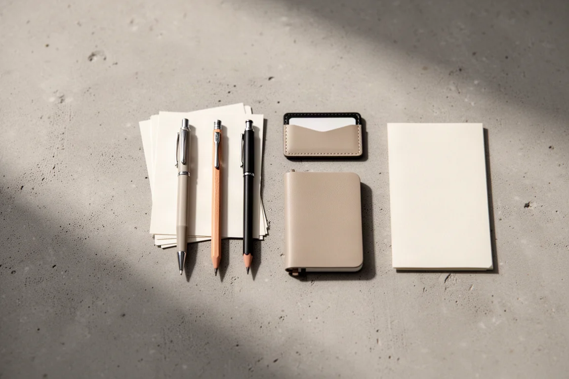 Drie miniatuurpennen op een rij op een bureau met papier en schrijfaccessoires