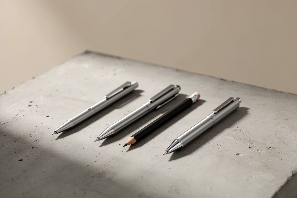 Three miniature pens and pencils lined up on a concrete surface