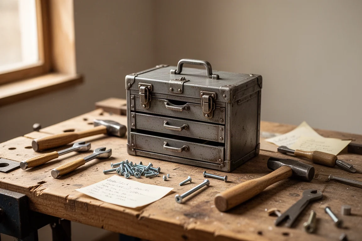 Mini-caisses à outils disposées sur un établi avec de petits outils et des fixations
