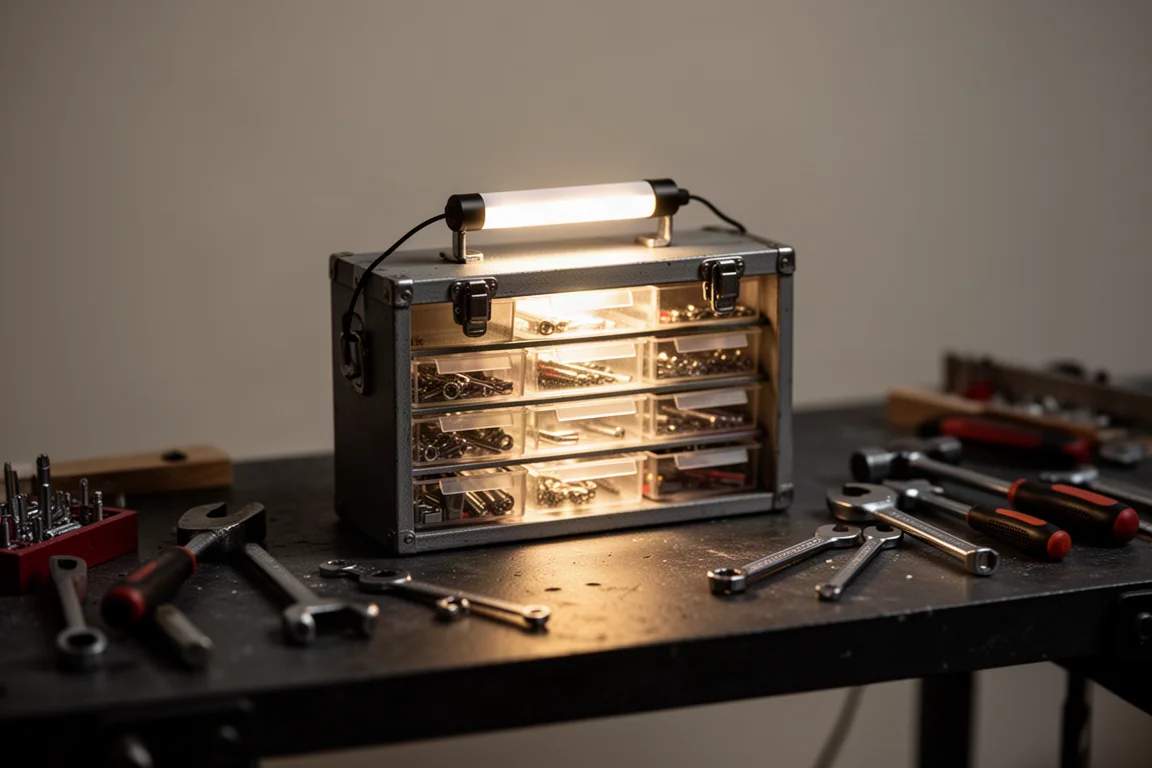 Mini-caisse à outils ouverte avec une petite barre lumineuse magnétique éclairant les compartiments