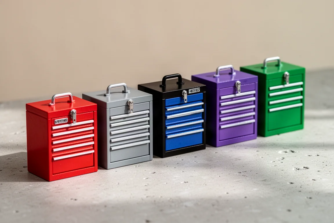 Rangée de mini-caisses à outils de plusieurs coloris sur un rayon de magasin