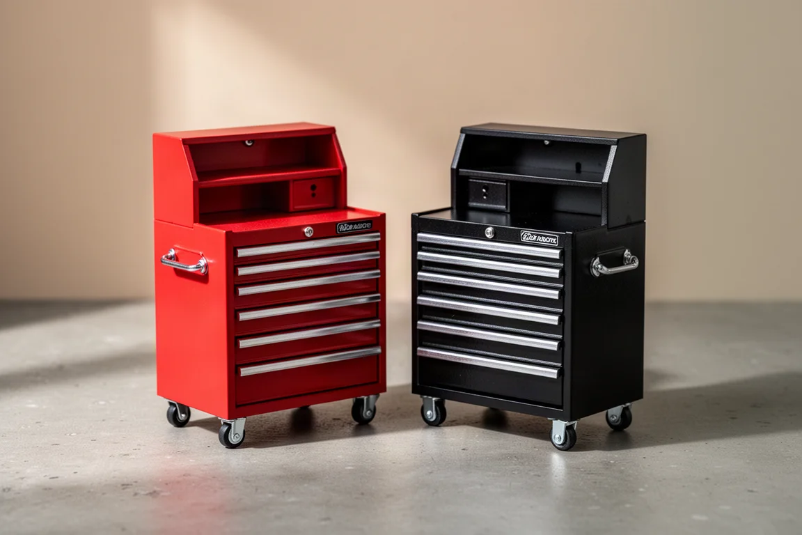 Two mini toolboxes side by side, one red and one black, on a concrete surface