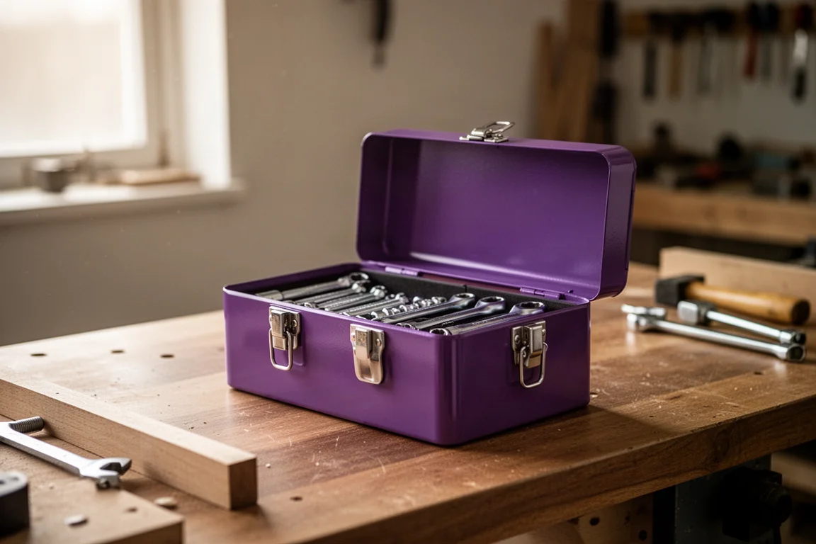Compact purple mini toolbox sitting open on a workshop bench